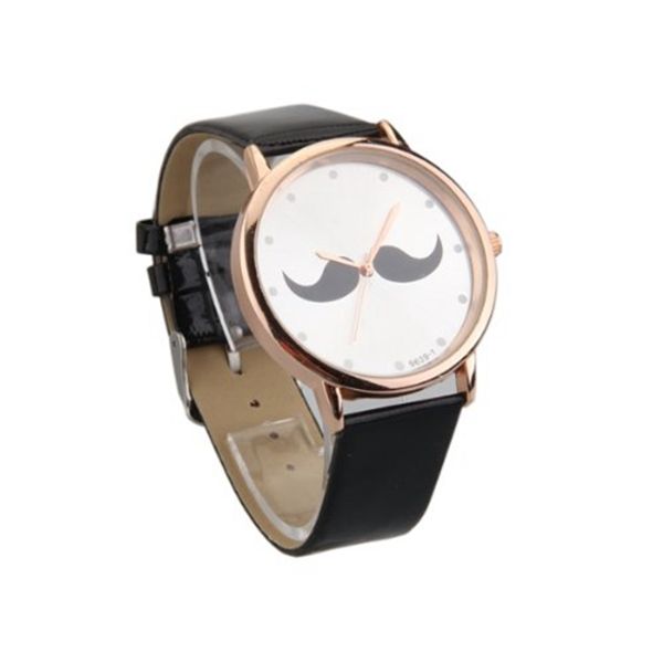 

women black pu leather moustache dial quartz wrist watch fashion, Slivery;brown