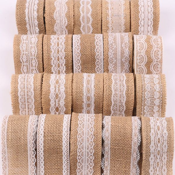 2 metros Natura juta fita Hessian de serapilheira com Lace Apara fita de rolo do vintage rústico decoração de casamento mariage bolo de casamento topper