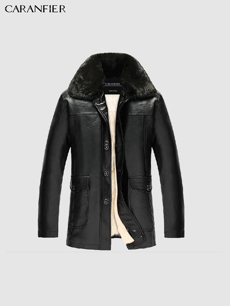

mens leather jacket plus velvet thicken fur collar outerwear business casual winter warm quality overcoat fleece coats, Black