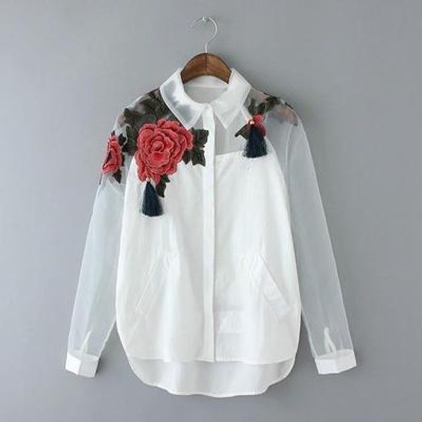 

women white blusas feminina organza flower embroidery mesh hollow out long sleeve shirt blouse clothes plus size t5n214