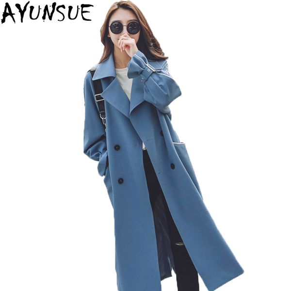 

ayusnue 2018 new fashion chic double breasted long trench coat women blue belt windbreaker female overcoat abrigos mujer lx1922, Tan;black