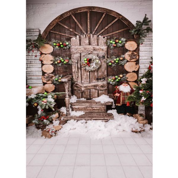 Sfondo di foto di Natale in vinile Palline stampate Arco di Babbo Natale Porta di legno Ghirlanda Neve invernale Fondali per bambini per bambini