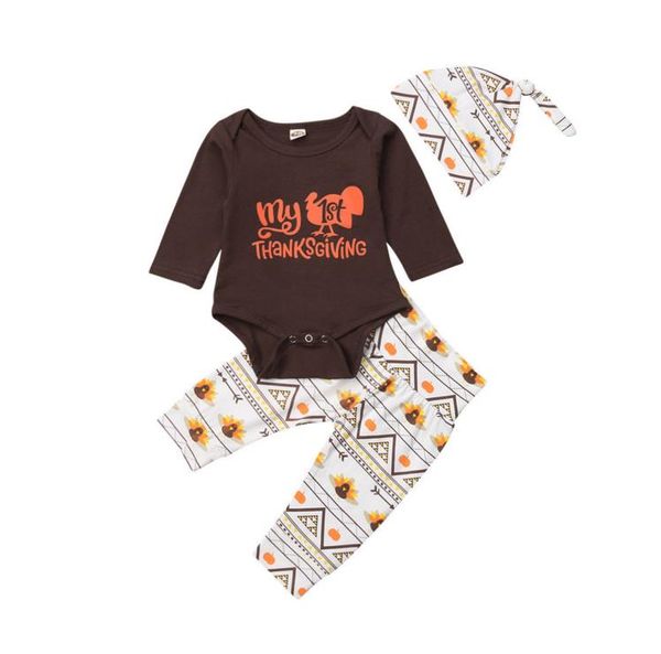 

thanksgiving turkey newborn baby boys girls clothing romper pants hat 3pcs warm casual outfits clothes set baby boy 0-24m, White