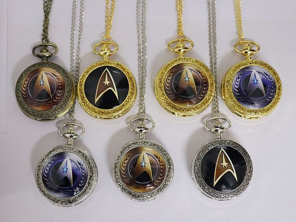 

wholesale 50pcs/lot mix 6colors new arrival star trek theme steampunk vintage quartz pocket watch fashion men space watches necklace pw035, Slivery;golden