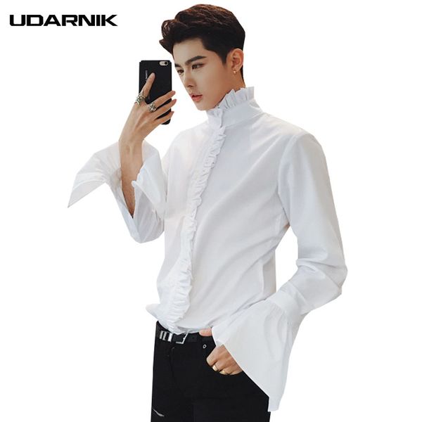 

men gothic shirt cotton ruffle stand collar flare long sleeve vintage fashion retro black white shirts new 904-918, White;black