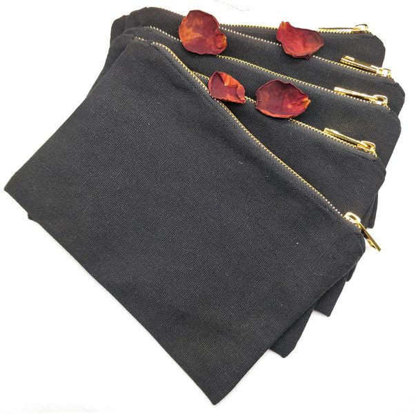 

100pcs/lot 12oz thick black canvas makeup bag with golden metal zip gold lining blank cosmetic bag toiletry pouch for diy/screen print