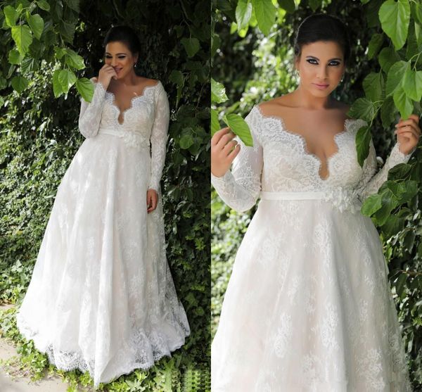

plus size lace wedding dresses 2019 new design custom a-line matched sash deep v-neck empire long sleeve bridal gowns vestidos de noiva w730, White