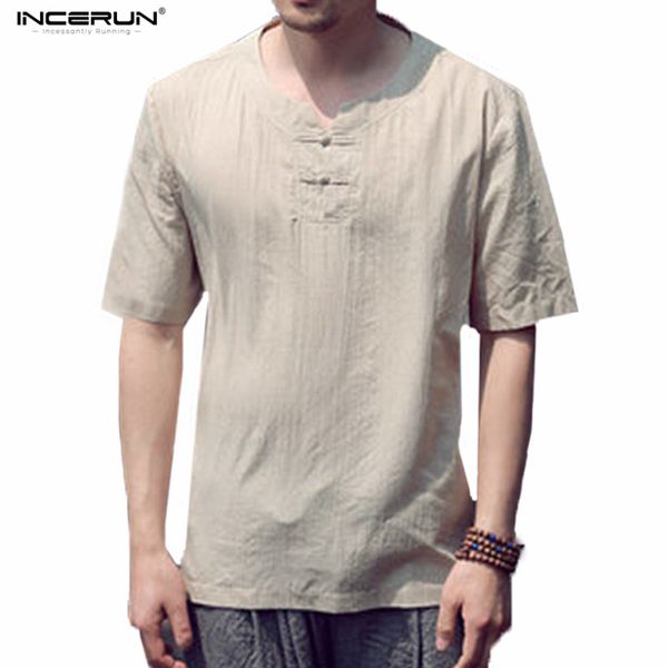 

incerun relaxed collarless linen t shirts short sleeve men casual refreshing breathable camisa masculina flax summer tshirt, White;black