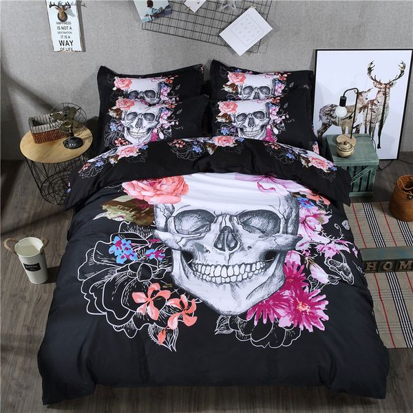 

2018 3d skull flowers black bedlinen polyester microfiber bedding set 2/3/4pc twin  king duvet cover set sheet pillowcases