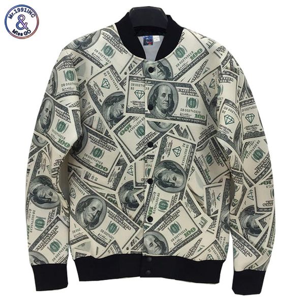 

2017 mr.1991inc style men/women jacket 3d funny print paper money dollars washington 3d jacket college student uniforms, Black;brown