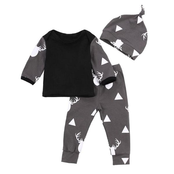 

3pcs/set infant clothes baby clothing sets newborn baby soft fashion deer print autumn t-shirt pants hat suit, White