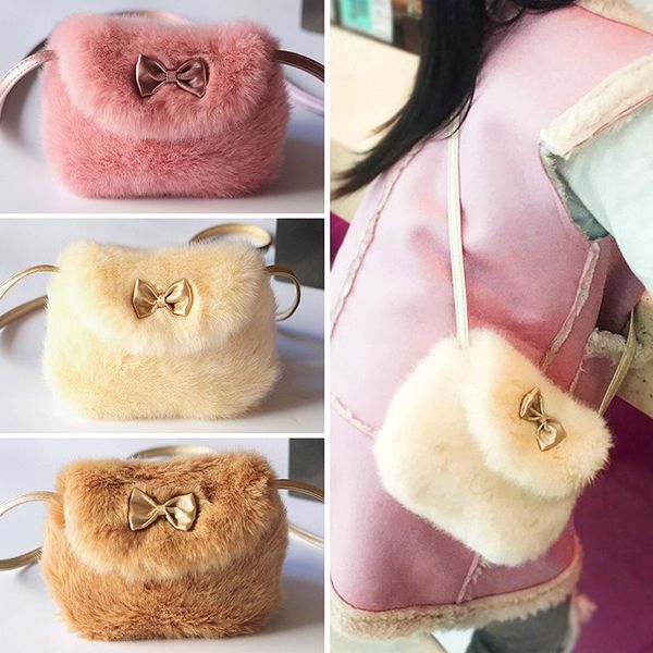 

girls kids purse fur shoulder messenger bag comfortable cute kids bowknot coin purse mini cross body bag, Black
