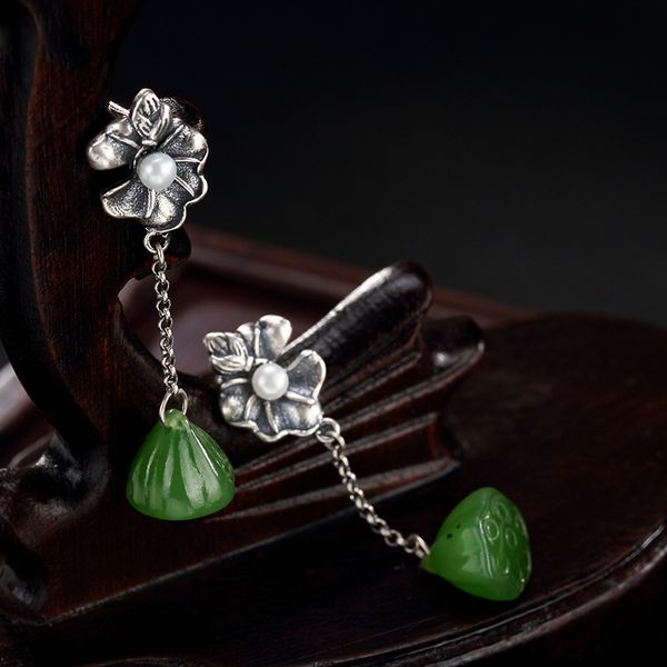 

2018 rushed new pearl earings fashion jewelry deer s925 pure antique inlaid and field jade pearls lotus lady earrings wholesale, Golden;silver