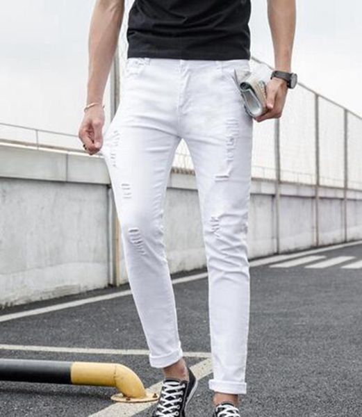 

men's summer night club performance trend leisure fashion personality slender korean version of the thin hole trousers / 27-32, Black