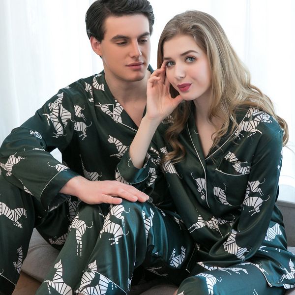 

couples long sleeve pajamas girls ice silk sleepwear mens silk homewear 2pcs cardigan men's home suit plus size d-2169, Black;brown