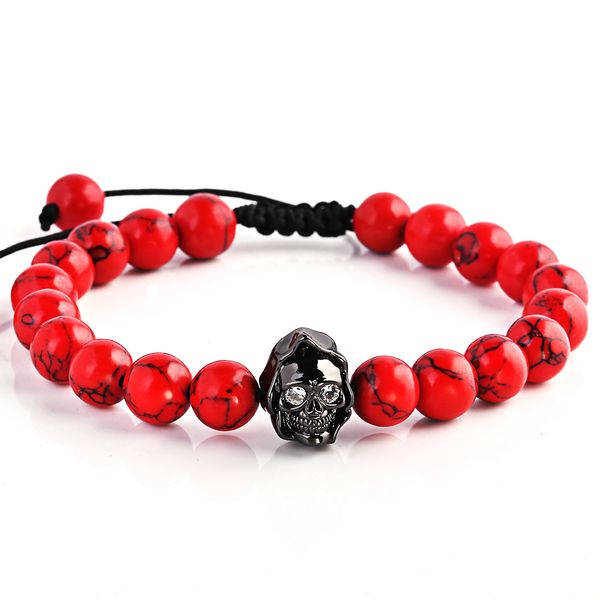 

brand trendy natural beads strand bracelet black skeleton skull red lava rock stone energy men european buddha jewelry