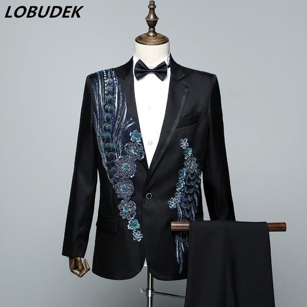 

sparkly sequins applique blazers men's suits prom singer chorus costume bar male compere host stage outfit evening party costume, White;black