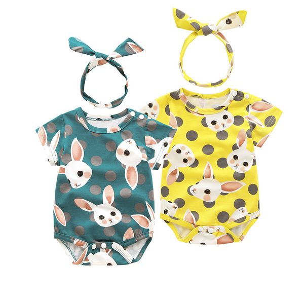 

ins baby girls lovely rabbit pattern romper with bow knot headband onesies infant toddler jumpsuits bodysuit kids boutique clothing, Blue