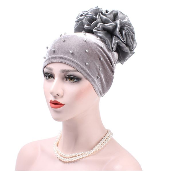 

muslim women turban beanie flower loss pearl hats chemo for caps bandana hijab cap wrap pleated cover hair stretch velvet cancer vduel, White;black