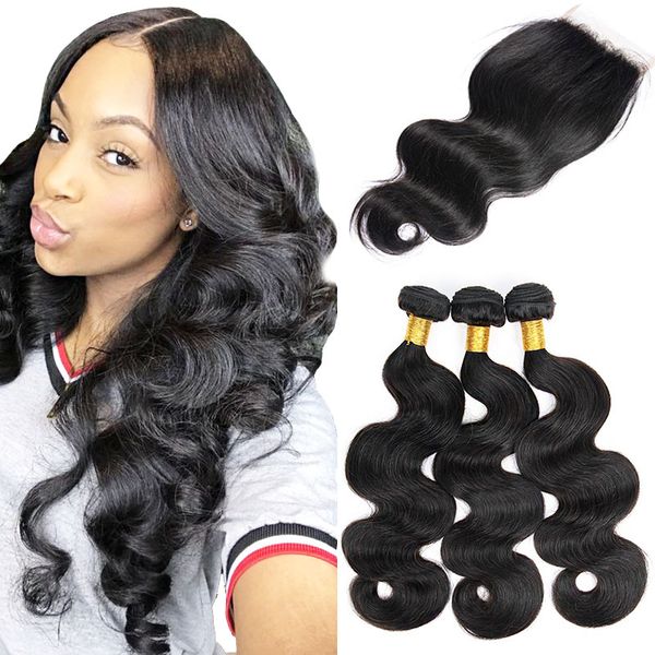 

body wave 3 bundles with lace closure raw indian virgin hair unprocessed double drawn weaves mink brazilian hair natural black
