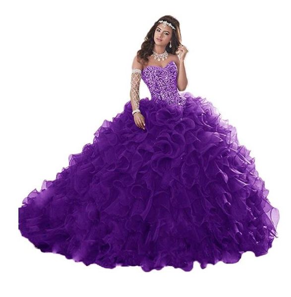 2023 Wunderschöne schwere Organza-Quinceanera-Kleider mit Perlen für Sweet-16-Ballkleider, herzförmiges Rüschen-Abend-Partykleid317b