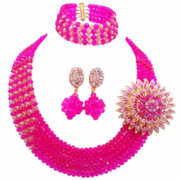 

wholesale 12pcs fuchsia pink gold multi strands statement necklace nigerian wedding african beads jewelry set crystal 5jz06, Slivery;golden
