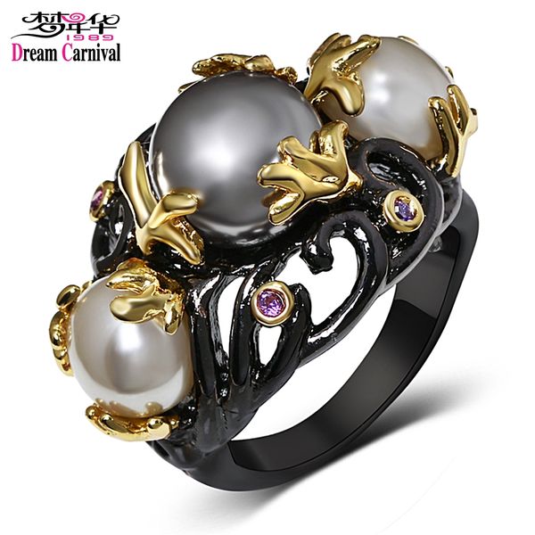 

whole saledreamcarnival 1989 gray tone created pearls ring for women purple cz vintage frauenringe gothic mujeres anillo perla wholesales, Golden;silver