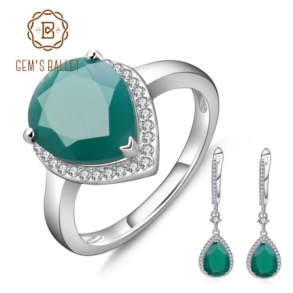 

gem's ballet solid 925 sterling silver gemstone earrings ring set natural green agate jewelry set for women vintage fine jewelry, Black
