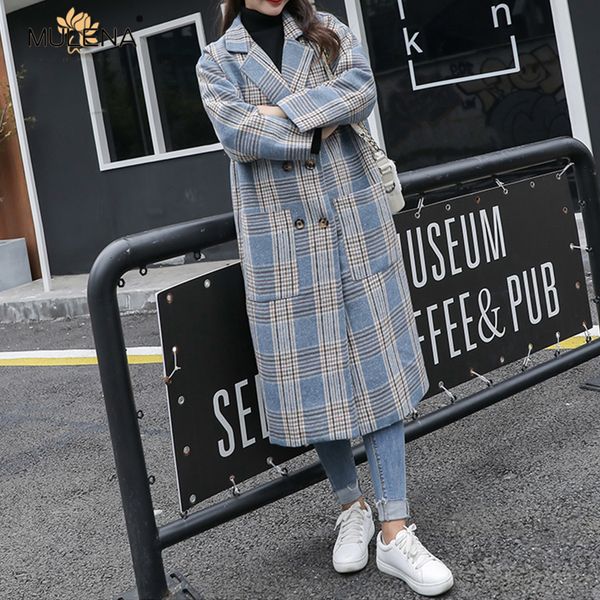 

mulena vintage plaid long woolen coat women loose full sleeves double breasted office lady coats winter warm outerwear female, Black