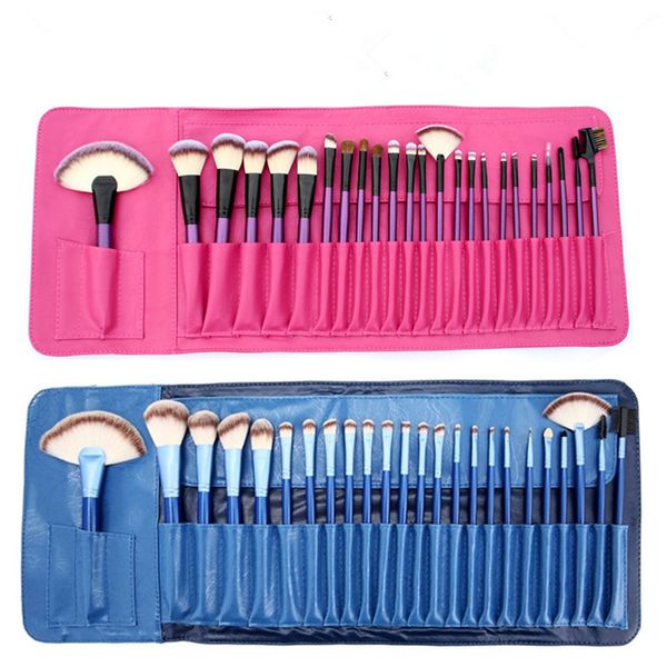 Set di pennelli per trucco da 24 pezzi Kit di pennelli per trucco professionale nero blu viola Comestic in polvere per fondotinta per ombretti con borsa in pelle