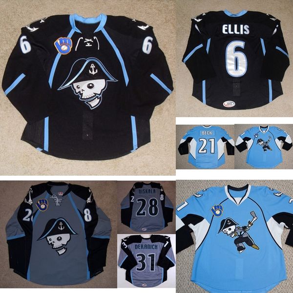 

ahl milwaukee admirals mens womens kids 6 ryan ellis 28 janne niskala 100% embroidery custom ice hockey jerseys goalie cut goalit, Black;red
