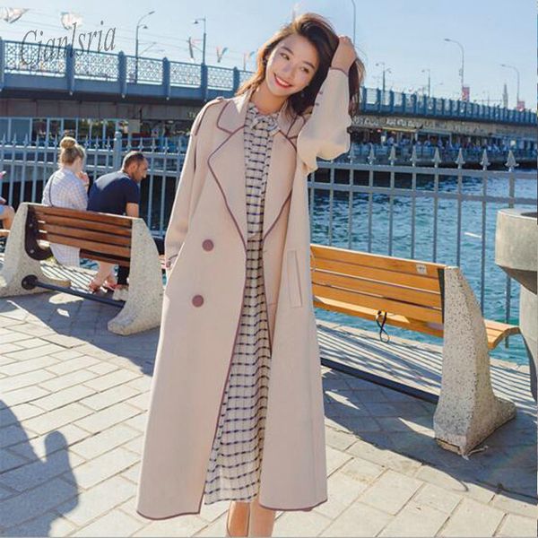 

2018 women trench coat fashion slim double-breasted trench coats female casual windbreaker outwear, Tan;black