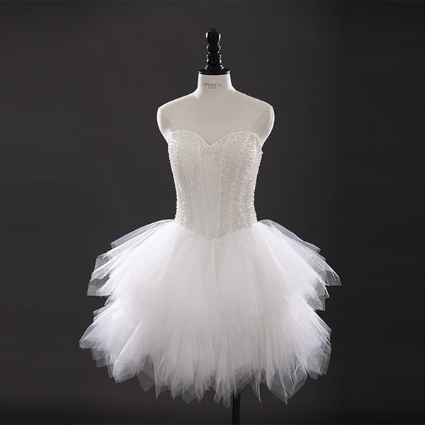 

beaded tulle short wedding dress lace up ball gown beach wedding dresses new knee length bridal gown, White