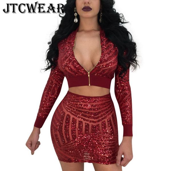 

new sequins women's 2 pieces set zipper long sleeve crop bomber jacket mini skirt perspective party night club wear k22, White