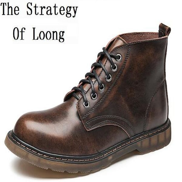 

lovers boots genuine leather lace up ankle men boots height increasing round toe retro boots plus size 35-46 big size 20161230, Black