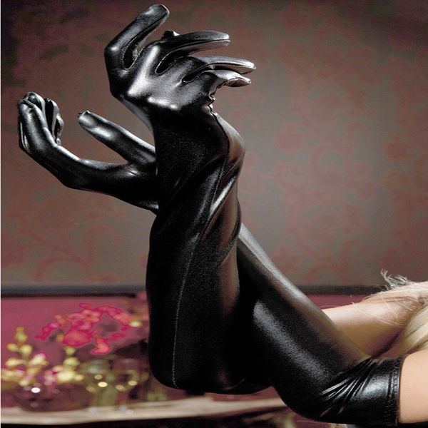 

elastic women black leather long gloves nightclub bar punk pole dance handwear mittens fetish latex club hip-hop guantes, Blue;gray