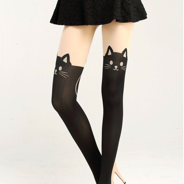 

2017 women lady cat tail velvet knee high hosiery tattoo stockings, Black;white