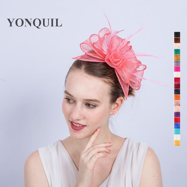 

новое прибытие высокого качества несколько цветов хороший розовый кентукки sinamay fascinators с пером коктейль шляпа свадебные головные убо