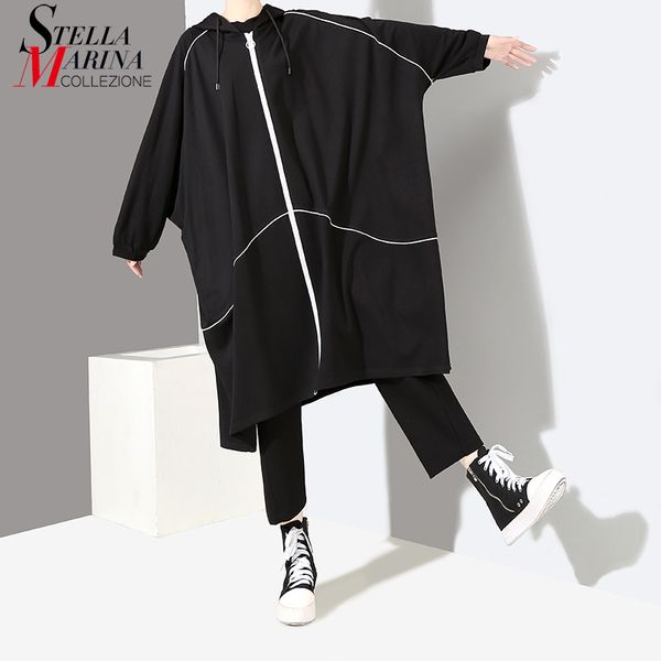 

2018 korean style women solid black hooded trench coat w zipper big size female casual windbreaker long overcoats jackets 4006, Tan;black