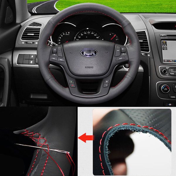 

for kia sorento car steering wheel cover non-slip diy hand sewing black leather