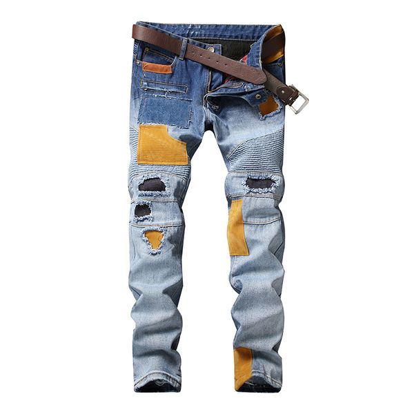 

2018 hole zipper patchwork denim jeans for men biker skinny ripped blue jeans punk mens fashion designer pants clothing
