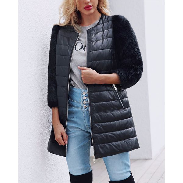 

coat women winter 2018 faux fur warm fashion stitching pu leather faux fur cropped sleeve coat shirt women popularav-t0705, Black