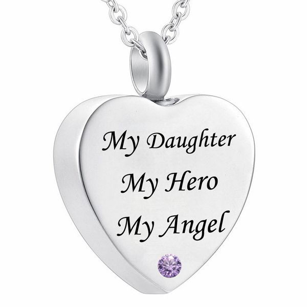 

my dad my hero my angel cremation jewelry birthstone crystal memorial urn necklace daughter heart pendant funnel fill kit, Silver
