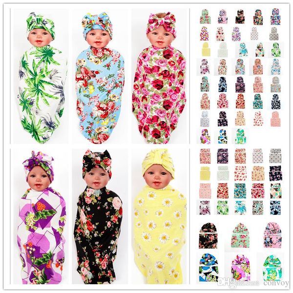 

92 color newborn baby waddle wrap blanket hat et infant kid flower floral waddle oft cotton wrap cloth knot bow cap headband bhbz07