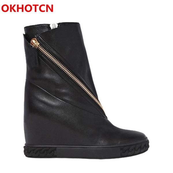 

okn black women shoes sneakers mid-calf boots genuine leather round toe zippers height increasing casual wedges shoes boats