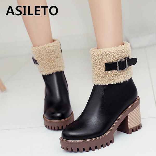

asileto women snow boots thick bottom platform boots female ankle for women warm fur winter bota feminina botas s716, Black