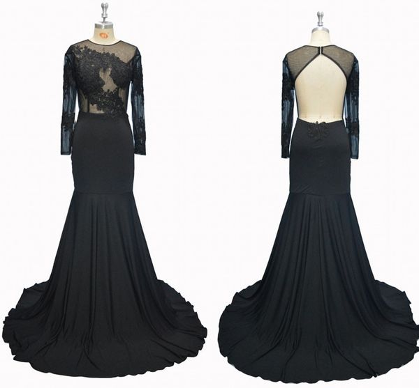 

african prom dresses black mermaid illusion long sleeve lace applique satin jewel neck keyhole back ruched with little train