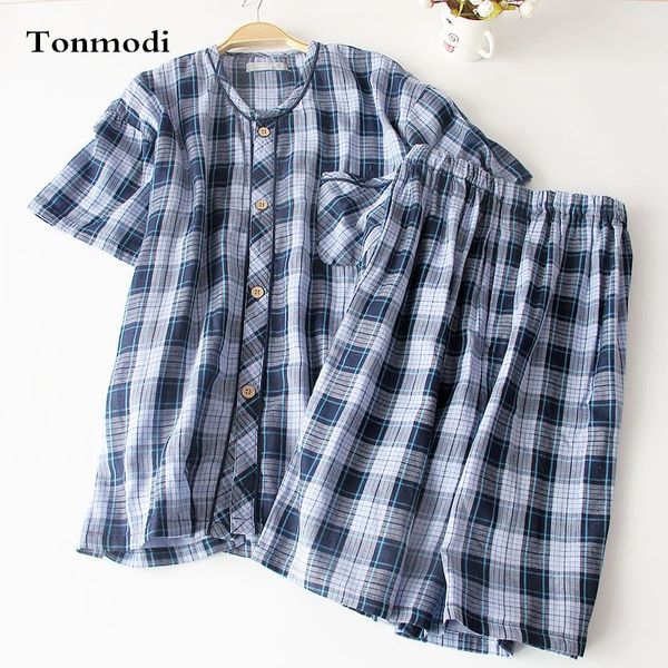 

summer men's pajamas 100% cotton double layer gauze sleep o-neck short-sleeve plaid shorts men lounge pyjamas set, Black;brown