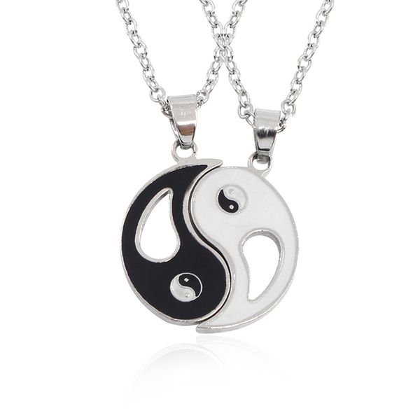 

2 pcs friends necklace jewelry yin yang tai chi pendant necklaces black white couples paired necklace for men women gift, Silver