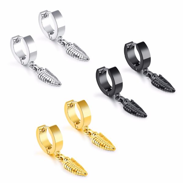 

whole salevintage stainless steel leaf hoop earrings for women men trendy gold /black/steel color mlae female party daily jewelry gift, Golden;silver
